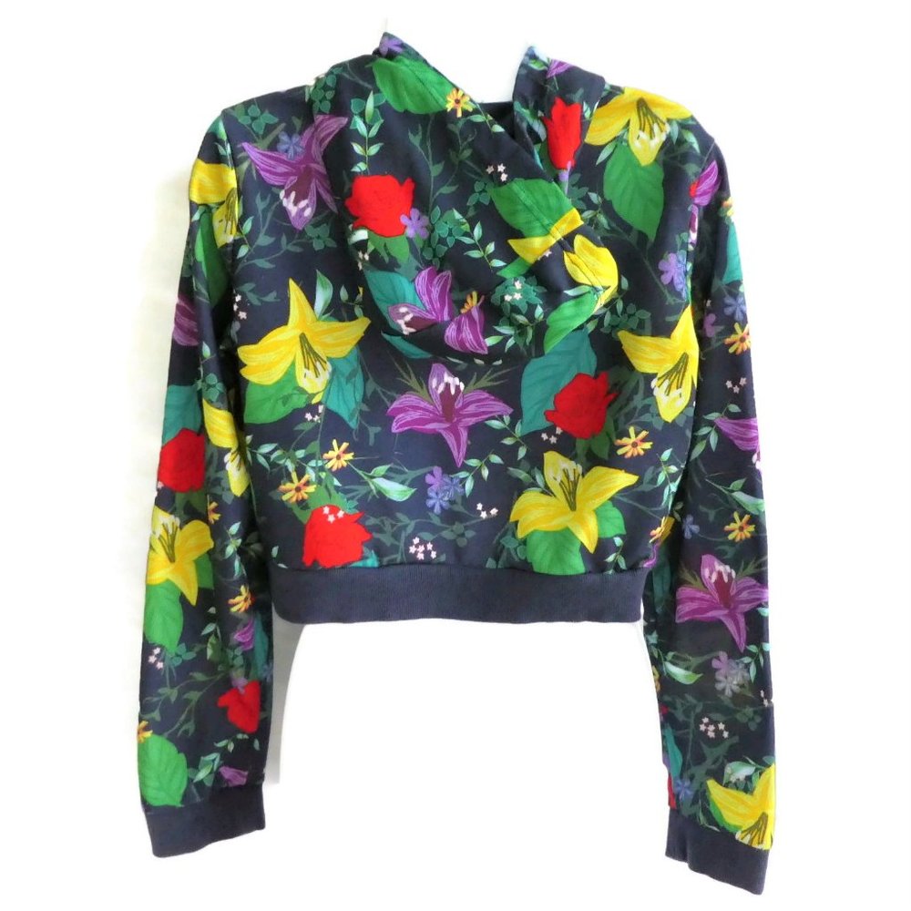 Adidas Sweatshirt Hood Floral Crop Trefoil Navy Ribbed Knit Cuffs Waistband XS - Picture 4 of 9